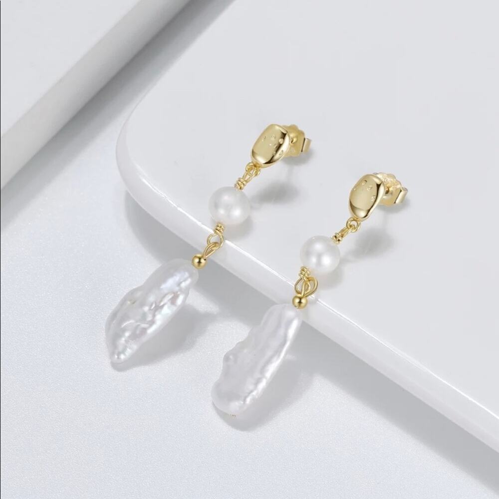 NEW 14K gold plated freshwater baroque pearl drop earrings jewelry gift B19 - Picture 4 of 8